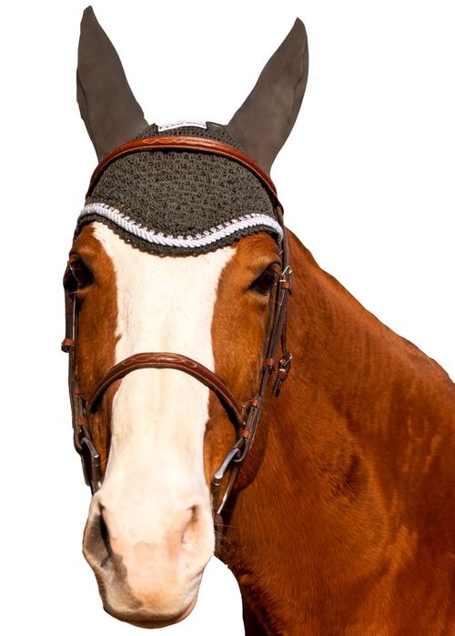 SALE RACK: Equine Couture Fly Bonnet with Silver Rope and Crystals - Horse - Dark Charcoal