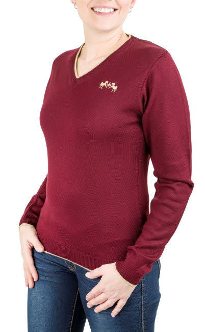 BARN BUSTER: Equine Couture Women's Morgan V Neck Sweater - Large - Merlot