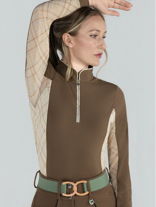 Dapplebay Women's Grace 1/4 Zip Long Sleeve Riding Top - Chestnut/Spring Plaid