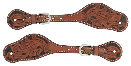 Weaver Turquoise Cross Floral Carved Spur Straps - Chestnut