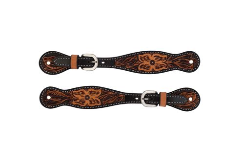 Weaver Turquoise Cross Floral Carved Spur Straps - Light Oiled