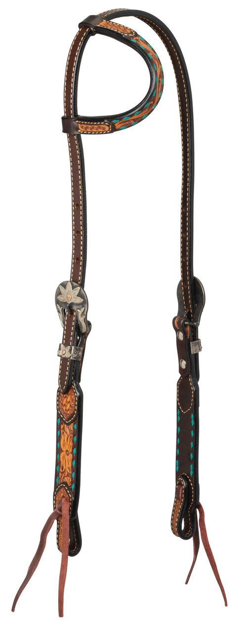 Weaver Turquoise Cross Floral Buckstitch 5/8" Sliding Ear Headstall - Dark Oiled