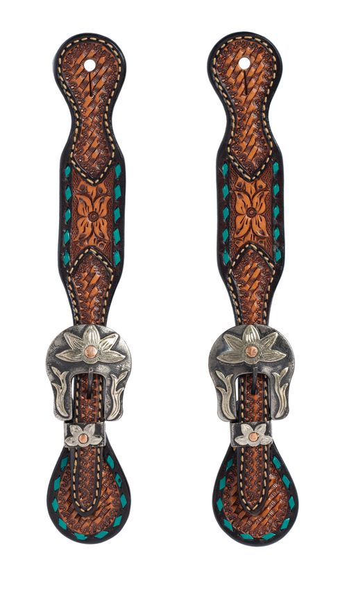 Weaver Turquoise Cross Floral Buckstitch Spur Straps - Dark Oiled