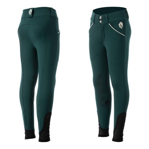 SALE RACK: Equinavia Kids' Greta Silicone Knee Patch Breeches - 14 - Deep Green/Vanilla Cream