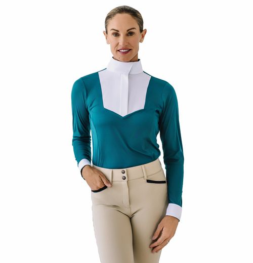 SALE RACK: Ovation Women's Bib Front Long Sleeve Show Shirt - X Large - Deep Teal/Peaceful Retreat