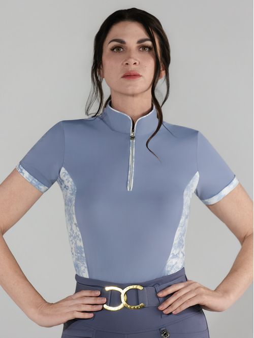 OVERSTOCK: Dapplebay Women's Grace 1/4 Zip Short Sleeve Riding Top - Medium - Moonrise/Equestrian Toile