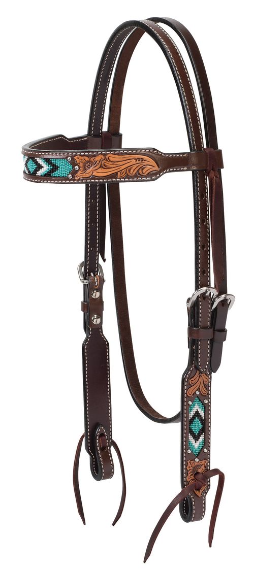 OVERSTOCK: Weaver Turquoise Cross Turquoise Beaded 5/8" Browband Headstall - Horse - Dark Oiled