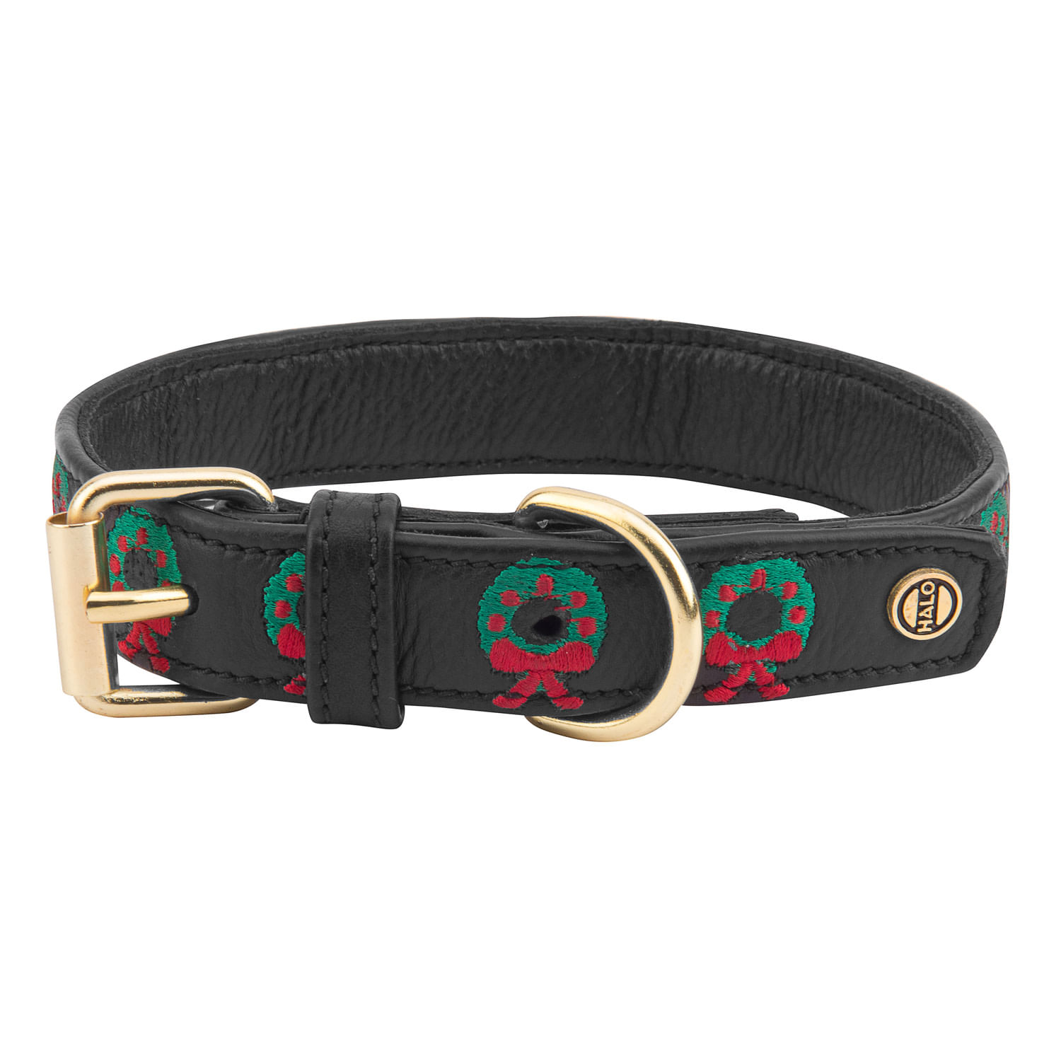 Halo Leather Dog Collar - Black/Christmas Wreath - Halo-4804-16