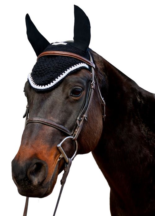 Equine Couture Fly Bonnet with Silver Rope and Crystals - Black