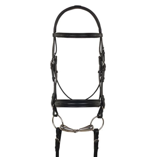 Aramas Plain Raised Padded 1 1/2in Wide Nose Dressage Bridle w/Leather Reins - Black/Black