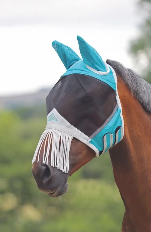 Shires Fine Mesh Fly Mask w/Nose Fringe - Teal