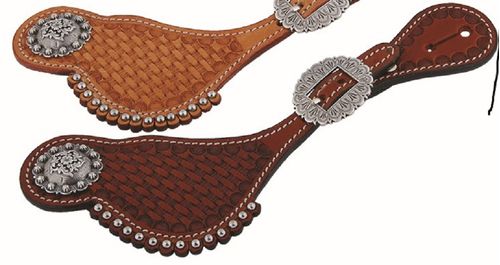 Western Rawhide Country Legend Shaped Basket Tooling Spur Straps with Steel Dots - Chestnut