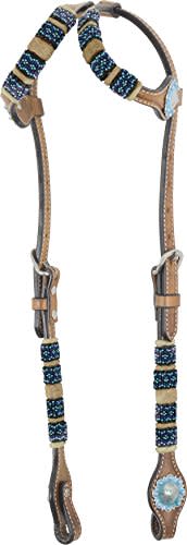 Western Rawhide Turquoise Beads Double Ear Headstall - Golden Tan
