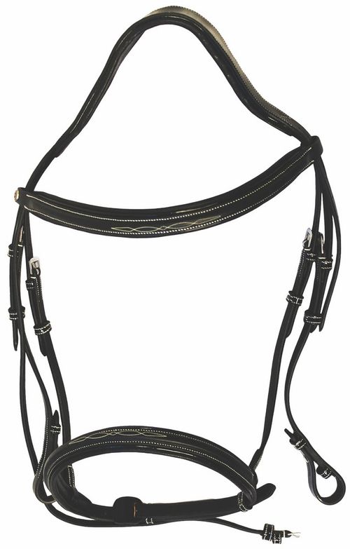 Henri de Rivel Pro Mono Crown Fancy Bridle w/Patent Leather Piping and Laced Reins - Black