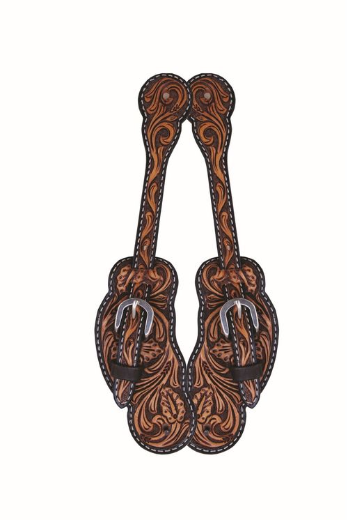 READY TO SHIP: Western Rawhide Jim Taylor Performance Floral Scallop Spur Straps - Mens - Two Tone Brown