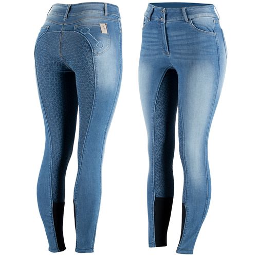 BARN BUSTER: Horze Women's Kaia Highwaist Denim Silicone Full Seat Breech - EU 34/US 22 - Lead Blue