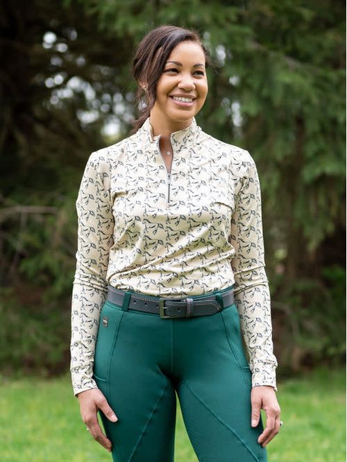 FITS Women's Ayra Fall Winter Long Sleeve Tech Shirt - Midnight Navy Horse Print