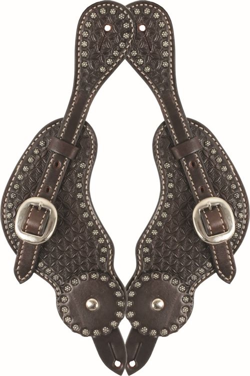 Western Rawhide Tooled Sun Spots Spur Straps - Dark Brown