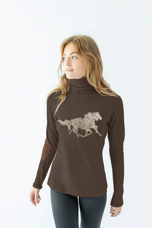 READY TO SHIP: Chestnut Bay Women's Rider Lounge Turtleneck - X Large - Dark Truffle Running Horses