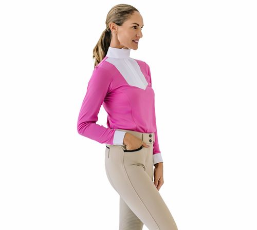 Ovation Women's Bib Front Long Sleeve Show Shirt - Orchid/White