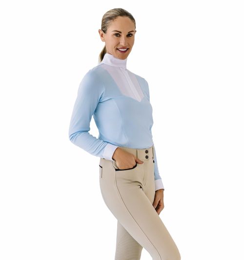 Ovation Women's Bib Front Long Sleeve Show Shirt - Light Blue/White