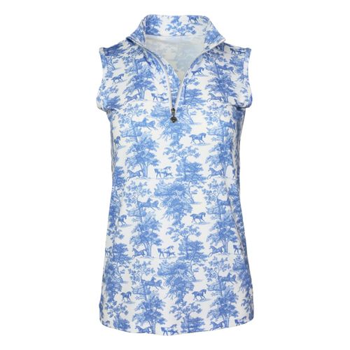 Dapplebay Women's Equestrian Toile 1/4 Zip Sleeveless Shirt - Blue/White