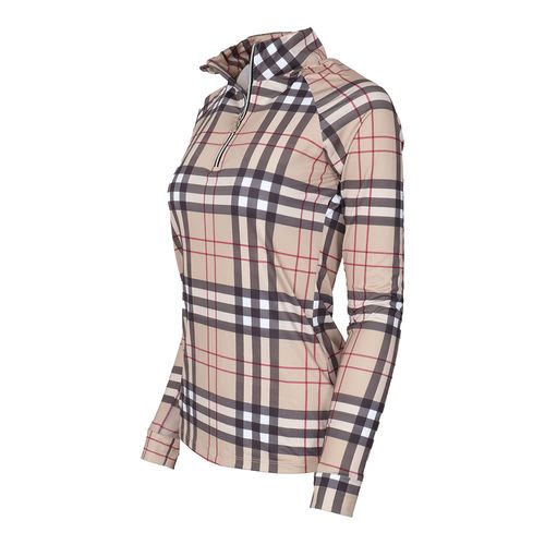 Dapplebay Women's 1/4 Zip Long Sleeve Shirt - Tan Holiday Plaid