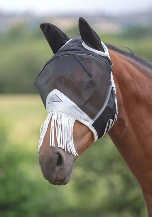 BARN BUSTER: Shires Fine Mesh Fly Mask w/Nose Fringe - X Small Pony - Black