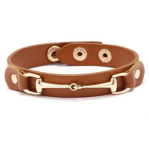 AWST Vegan Leather Bracelet w/Gold Tone Snaffle Bit - Brown